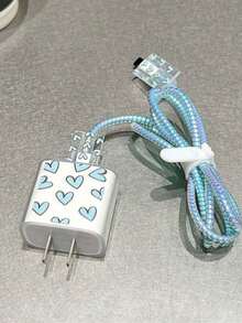 Pink TPU Small Heart/Bow Tie/Flower/Purple Heart Cat Charging Cable Protector, Compatible With Apple 18/20W Charger, Great Gift For Friends - Baby Blue - View 3