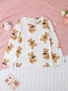 2件套 女童及青少年休闲卡通泰迪熊印花长袖圆领卫衣和长裤睡衣套装，阻燃，四季皆宜