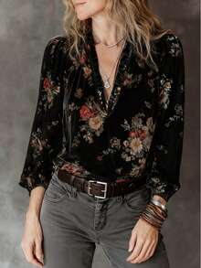 女士时尚优雅休闲都市现代花卉数码印花长袖V领抓绒卫衣，女士圣诞毛衣，新年毛衣，优雅派对上衣，女士优雅上衣，女士休闲上衣，女士冬季服装，四季皆宜上衣，舒适休闲上衣 - 黑灰色 - 查看 5