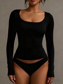 XLLAIS 纯色长袖休闲上衣，春季V领女式T恤，秋冬服装，情人节黑色 - 黑色 - 查看 8