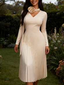 AOMEI 女士优雅长袖褶皱花朵A字中长款派对礼服，优雅长款派对礼服，时尚服装系列，适合约会、派对、婚礼、伴娘、毕业典礼、婚礼宾客等场合，秋季女装，别致晚礼服，时尚服装系列 - 杏色 - 查看 1