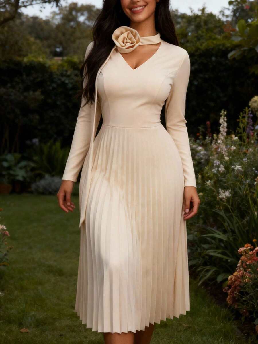 AOMEI 女士优雅长袖褶皱花朵A字中长款派对礼服，优雅长款派对礼服，时尚服装系列，适合约会、派对、婚礼、伴娘、毕业典礼、婚礼宾客等场合，秋季女装，别致晚礼服，时尚服装系列 - 杏色 - 查看 1