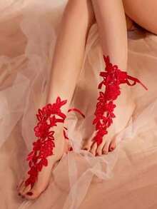 Lace Hollow Ankle Chain, Sexy Lingerie Leg Chain Anklet, Erotic Accessory - Red - View 3