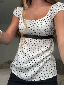 Women Fairy Grunge Y2k Babydoll Shirt Cap Sleeve Polka Dot Tie Back Flowy Crop Top Summer Aesthetic Square Neck Ruched Shirt Preppy Clothes - 白色 - 查看 2