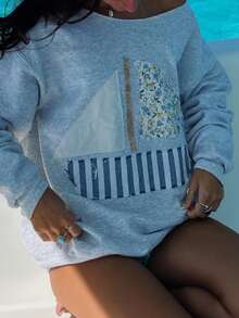 1Pcs  Off-Shoulder 3D Sailboat Geometric Pattern Patch Long-Sleeved Sweatshirt, 3D Sailboat Pattern, One-Shoulder Large Round Neck Pullover, Women's Clothing For Spring, Autumn And Winter. - Xám - Xem 4