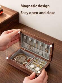 Small Wooden Jewelry Box, Vintage Delicate Walnut Wood Jewelry Case, Ideal Gift For Man Women, Protable Travel Jewelry Organizer - Xám nhỏ - Xem 2