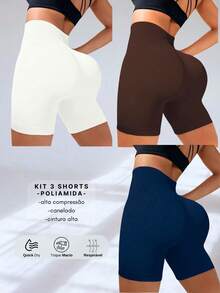 SET OF 3 SEAMLESS RIBBED SHORTS – HIGH COMPRESSION - Marrón/Azul/Blanco - Ver 2