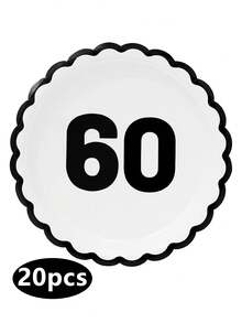 10个/20个/50个装 黑白相间 60岁生日扇形纸盘 庆祝60周年派对餐盘 男女通用 60岁生日周年纪念一次性花卉造型黑色蛋糕餐盘 派对活动节日用品装饰 - 黑色60歲 - 查看 8