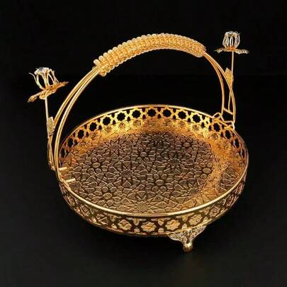 1pc Metal Fruit Snack Basket, Multifunctional Retro Style Tray With Handle, Durable Rectangular Platter For Kitchen, Living Room, Hotel Decor, Holiday & Party Coffee Tray