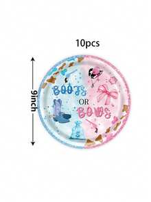 10件/20件/50件装，牛仔靴或蝴蝶结主题派对用品套装 - 性别揭晓西部主题一次性9英寸和7英寸纸盘、纸杯和餐巾纸 | 粉色和蓝色闪光牛仔靴蝴蝶结生日派对餐具，适用于西部主题婴儿派对、性别揭晓派对聚会