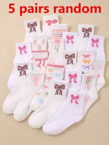 5/10 Pares de Meias Cano Médio com Laço e Flor para Crianças, Meias Curtas, Meias Infantis, Adequadas para Combinação/Vestimenta Diária de Meninas, Confortáveis, Macias, Respiráveis, Presentes Essenciais para Meninas (1-16 Anos) - Multicolorido - Visão 12