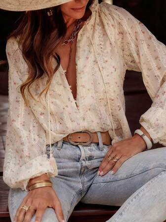 EARO 秋季新款女式衬衫，花卉印花V领设计，休闲宽松长袖衬衫