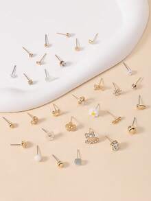 30 Paar modischer Ohrringe Set für Frauen, Gänseblümchen, Herzform, Kunstperle, Strass, verschiedene Stile, geeignet für den täglichen Lässig-Stil, Geschenk für Feiertage - Goldgelb - Übersicht 3