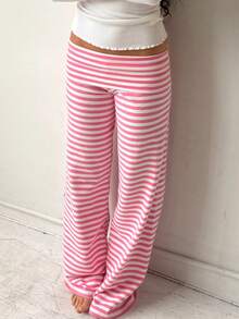 Y2k Fold Over Yoga Pants Pajama Lounge Pants For Women Low Rise Straight Leg Sweatpants Striped Loose Gym Lounge Leggings Flared Pants Streetwear - 粉色 - 查看 2