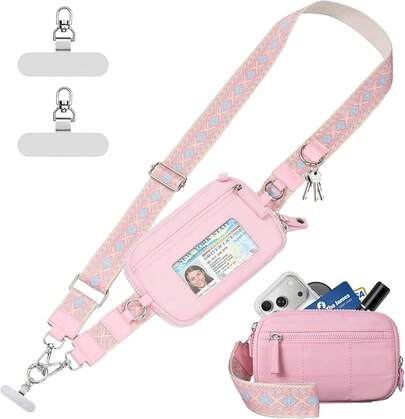 Clip And Go Strap For Phone With Wallet Crossbody Phone Lanyard With Anti-Theft Zipper Pouch Detachable Quilted Wrist Wallet With RFID And ID Window For Daily Travel. Grey