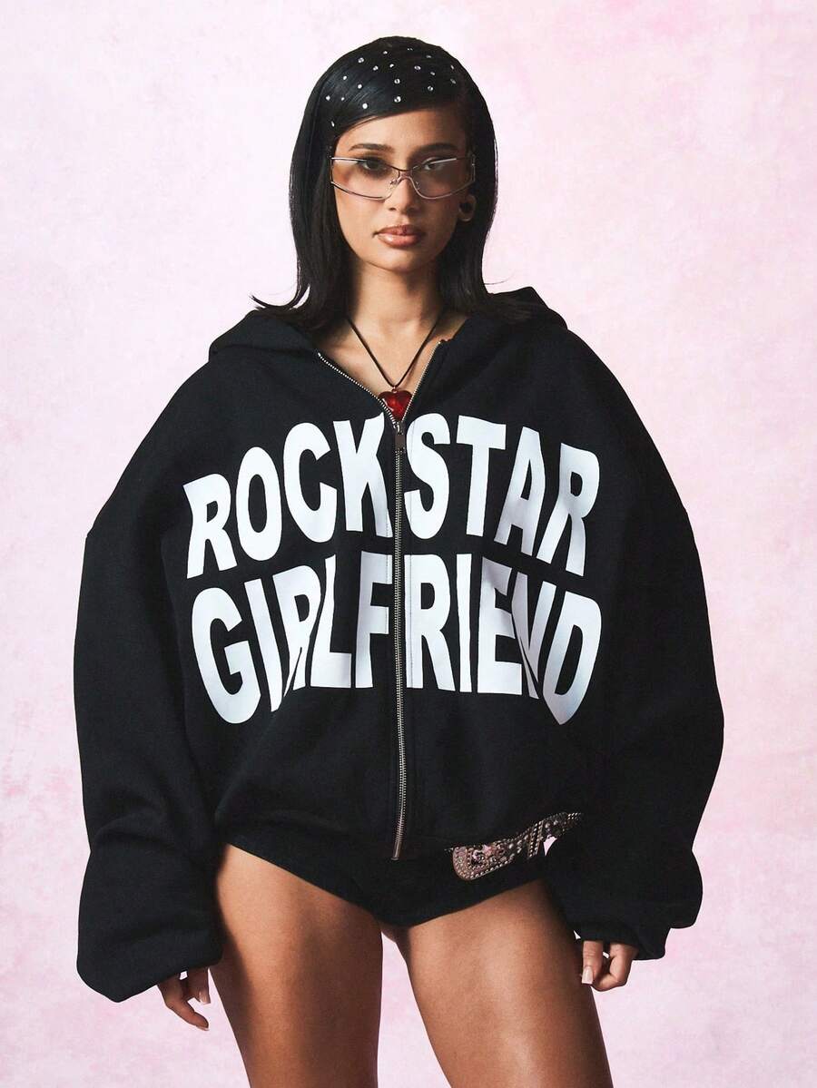 Rockstar Girlfriend Full-Zip Cropped Hoodie Edgy Streetwear Y2K Aesthetic Statement Sweatshirt Fashion Oversized Rhinestone Embellished Hood Fall Winter - 黑色 - 查看 1