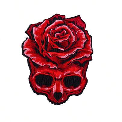1pc Punk Style Red Rose Skull Embroidered Patch, Suitable For DIY Clothing And Accessories - Hats, Jeans, Dresses Etc. Unique Design, Cute Cartoon Embroidered Applique Fashion Accessory