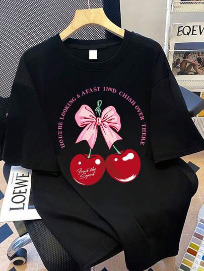 A Light Pink Short Sleeve T-Shirt With Bow Knot & Cherry Print, Casual Loose Fit, Suitable For Spring & Summer, Great For Daily Wear, Vacation, School
