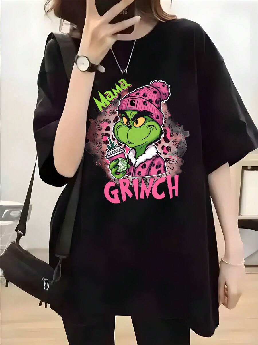 Camiseta Mujer "Green Xmas Happy Vibes" – Playera 100% Algodón con Diseño Llamativo, Perfecta para Fans Navideñas, S-XXL - Negro - Ver 1