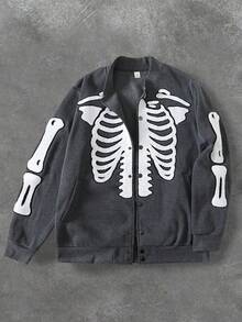 Skeleton Embroidery Baseball Jacket Men, Vintage Streetwear Loose Fit Dark Style Niche Design Coat - Dark Grey - View 1