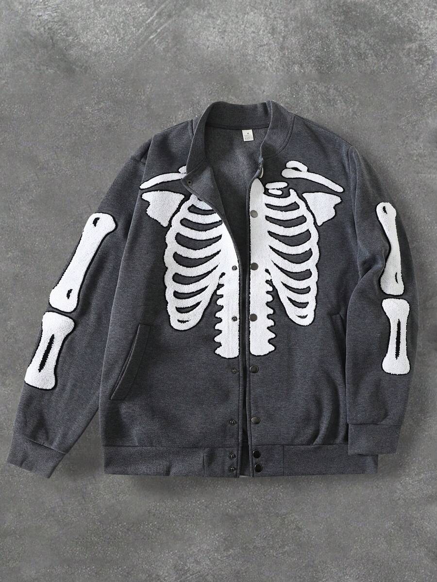 Skeleton Embroidery Baseball Jacket Men, Vintage Streetwear Loose Fit Dark Style Niche Design Coat - Dark Grey - View 1