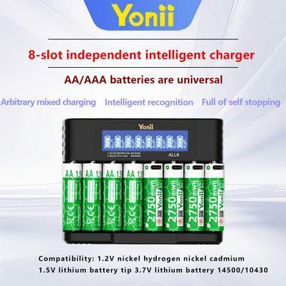 8-Slot Home Battery Charger, Supports 1.2V Ni-MH And 1.5V Li-Ion Batteries, AA/AAA Battery Charging, With LCD Display