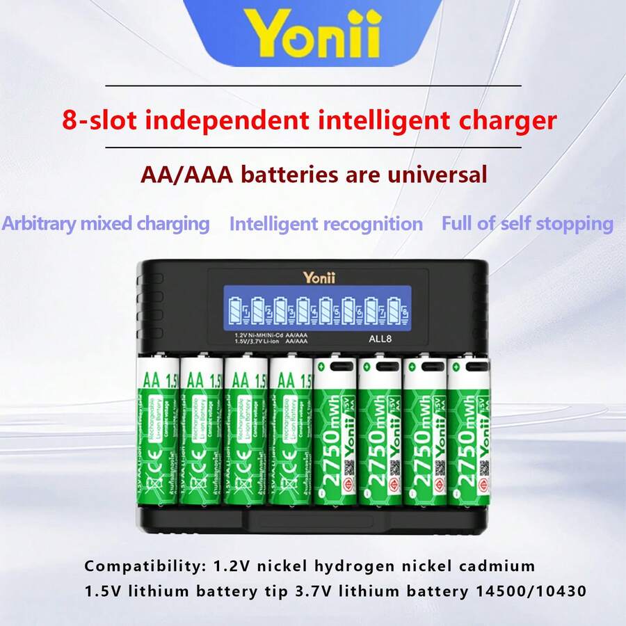 8槽家用电池充电器，支持1.2V镍氢电池和1.5V锂离子电池，可给AA/AAA电池充电，带液晶显示屏 - ALL8(不含電池) - 查看 1