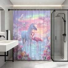 1pc Flamingo Pattern Shower Curtain Set, Pink Bird Tropical Jungle Theme Nature Decor Fabric Bathroom Curtain With Hooks, 72 X 72 Inches, Polyester Material