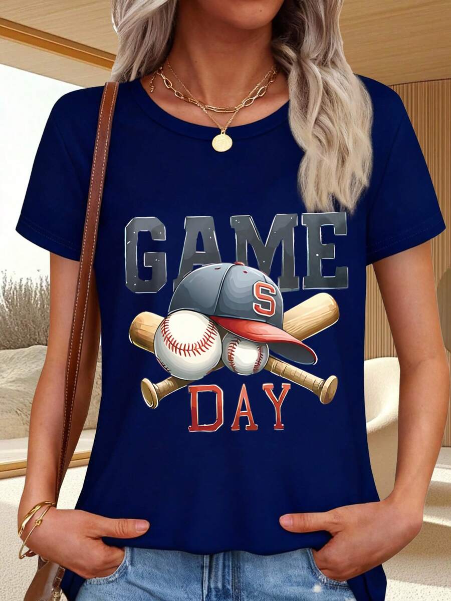 Baseball Print T-Shirt With Game Day Text - 藏蓝色 - 查看 1