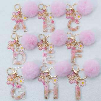 [Cute Keychain]1 Piece/Dried Flower Resin English Letter Keychain, Fashionable Lady Keychain, Butterfly Tassel, Hairball Decoration, Gift For Mom And Best Friend Keychains For Car Keys