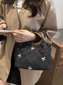 韩版ins风蝴蝶结菱形手提包，女士休闲时尚托特包，适合工作、通勤、外出、日常购物 - 黑色 - 查看 2