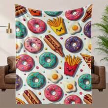 A Comfortable Food-Themed Pattern Flannel Blanket Soft High-Definition Digital Print Colorful Donuts Fries Hot Dogs Fried Eggs Pattern Cooling Blanket Suitable For All Seasons! Soft Breathable 100% Polyester Fiber Perfect Gift For Family And Friends Suitable For All Seasons, Cozy Soft Flannel Blanket & Suitable For Birthday Anniversaries, Valentine's Day, Thanksgiving, Christmas, Halloween, Wedding, New Year Gifts Provide Personalized Ideal Gifts For Her, Him, Family Members, Boyfriends, Girlfriends, Fathers, Family Members, Mothers, Lovers, Daughters, Sons, Grandfathers, Grandmothers, Friends, Classmates And Pets. Sofa, Bed, Car, Bedroom, Living Room, Office, Outdoor Camping, Beach, Wall Decoration, Bedroom Decor,  Halloween Blanket, Fall Decor, Fall Decorations For Home, Christmas Party Theme Blanket, Christmas Decor, Office Decoration - 彩色 - 查看 5