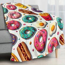 A Comfortable Food-Themed Pattern Flannel Blanket Soft High-Definition Digital Print Colorful Donuts Fries Hot Dogs Fried Eggs Pattern Cooling Blanket Suitable For All Seasons! Soft Breathable 100% Polyester Fiber Perfect Gift For Family And Friends Suitable For All Seasons, Cozy Soft Flannel Blanket & Suitable For Birthday Anniversaries, Valentine's Day, Thanksgiving, Christmas, Halloween, Wedding, New Year Gifts Provide Personalized Ideal Gifts For Her, Him, Family Members, Boyfriends, Girlfriends, Fathers, Family Members, Mothers, Lovers, Daughters, Sons, Grandfathers, Grandmothers, Friends, Classmates And Pets. Sofa, Bed, Car, Bedroom, Living Room, Office, Outdoor Camping, Beach, Wall Decoration, Bedroom Decor,  Halloween Blanket, Fall Decor, Fall Decorations For Home, Christmas Party Theme Blanket, Christmas Decor, Office Decoration - 彩色 - 查看 8