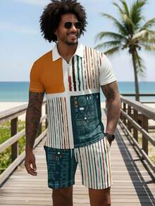 Men's Zip-Up Striped & Geometric Print Polo Shirt And Shorts Casual Suit - Multicolor - View 4