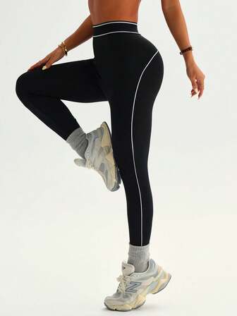 Women's Black & White Striped Waistband Slimming Sports Knit Leggings