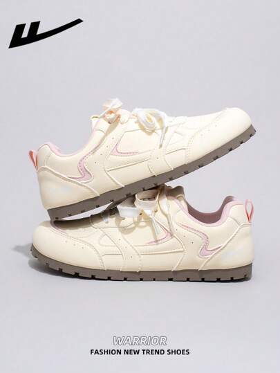  1双 WARRIOR 女士厚底系带软底休闲鞋，低帮户外平底鞋，暖春休闲通勤鞋，圆头低跟防滑纯色优雅软底徒步鞋，适合学生毕业照穿着的平底鞋