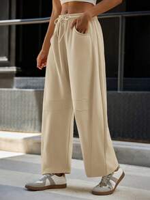 Women's Barrel Leg Sweatpants - Drawstring Elastic Waist Wide Leg Casual Pants With Pockets, Comfortable Lounge & Active Wear For Everyday Style - Khaki - View 2