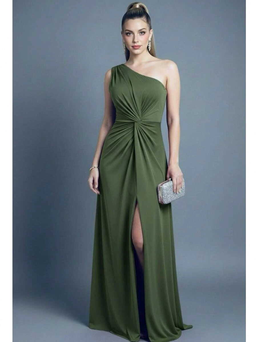 Bridesmaid Dress Guests Promotion Knot Olive Green Fuchsia Black Lilac Terracotta Emerald Royal Red Marsala Navy Without Shine - 深橄欖色 - 查看 1