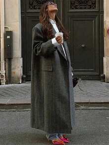 New Autumn/Winter Fashion Women Retro Elegant England Style Windbreaker Large Faux Wool Back Vent Long Overcoat - 深灰色 - 查看 4
