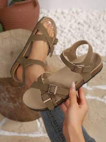 Teenagers' Summer Soft Cork Bottom Stable Foot Protection Roman Sandals, Teenagers' Sandals Retro Buckle Design Khaki Faux Suede Round Toe Criss-Cross Strap Teenagers' Flat Sandals, Casual Versatile Suitable For Daily Casual, Beach, Holiday Wear - Khaki - View 4