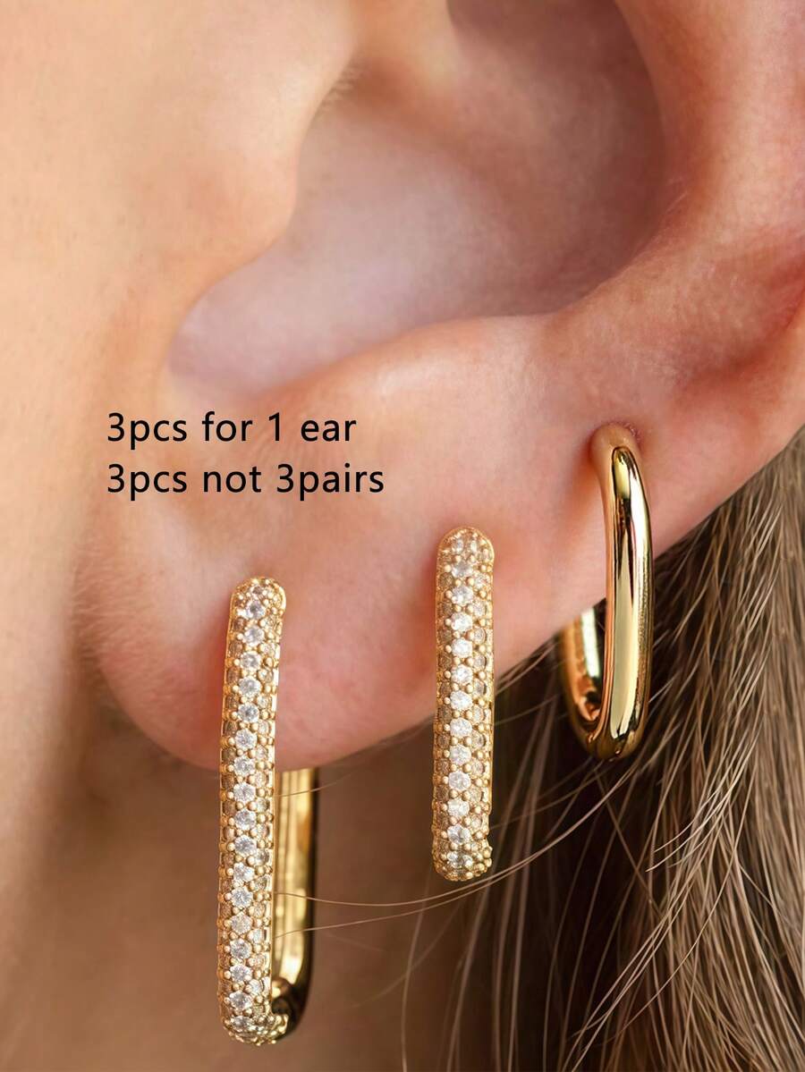 3pcs Minimalist Gold U-Shaped Earrings, Cubic Zirconia Copper Earrings - Yellow Gold - View 1