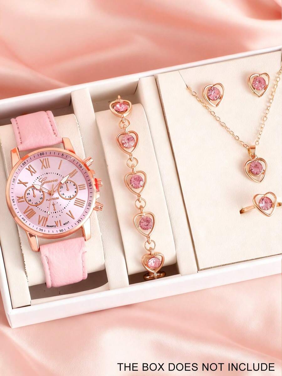 6件套女士石英表套装，包括手表、手链、项链、戒指和耳环，玫瑰金表壳搭配粉色水晶心形设计，粉色皮表带，罗马数字表盘。 - 彩色 - 查看 1