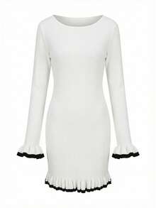 Robe longue au col rond de style français élégant, convenant pour Noël, Thanksgiving, Nouvel An et autres fêtes. Robe pull blocs de couleurs à manches longues pour l'automne/hiver, robe de soirée minimaliste et chic - Blanc - Voir 4