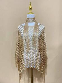 一件女士时尚纯色宽松罩衫，闪亮金属网纱流苏和服开衫，饰有流苏，半透明七分袖，女士泳装及节日服装，适合狂欢节、音乐活动和假日等场合，可作配饰，沙滩装 - 彩色 - 查看 4