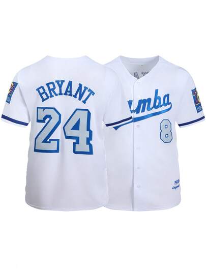 Áo bóng chày nam màu trắng 8/24, tay ngắn, thêu và khâu, cổ chữ V, cài nút, thích hợp cho tiệc tùng