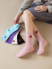 5 Pairs Korean Cherry Women's Socks, Casual Sports Socks, Unisex Mid-Calf Socks - Multicolor - View 3