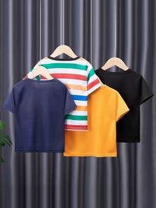 4件套男童短袖T恤，休闲拼接条纹上衣，轻薄夏季男女童装 - 彩色 - 查看 2