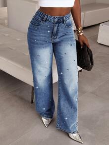 Quần jeans nữ dáng suông màu xanh dương trung bình, đính pha lê kiểu cổ điển, chất liệu cotton - Thanh lịch cho tiệc tùng và trang phục thường ngày, phong cách mùa xuân năng động. - Rửa trung bình - Xem 2