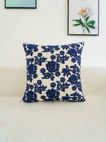 1pc Embroidered Floral Pattern Decorative Pillow Cover, Multi-Size & Multi-Applicable, Without Pillow Insert - Navy Blue - View 10