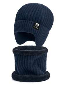Men's Winter Knit Hat + Neck Warmer Set, Outdoor Cycling Warm Ear Protection Beanie And Scarf, Thermal Lined